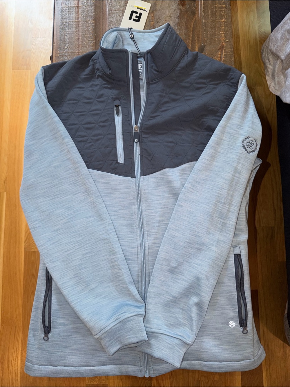 FootJoy Two-Tone Quilted-Panel Full Zip Jacket - Charcoal & Light Blue